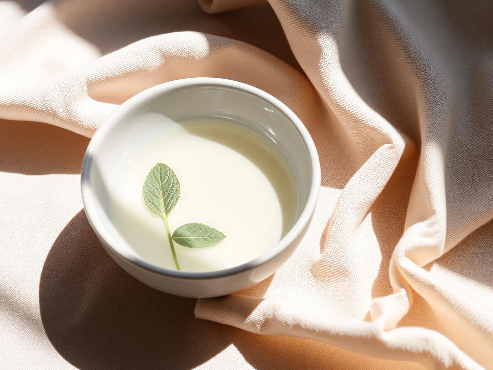Tigela de cerâmica com água e folhas, luz natural suave